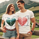 A happy couple wearing matching t-shirts with a heart design.