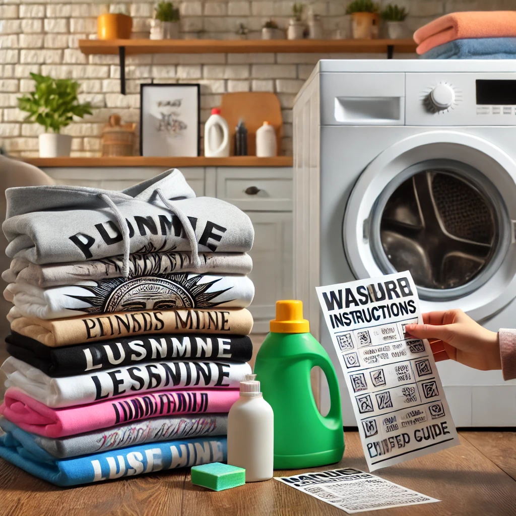 A neatly folded stack of printed hoodies next to a washing machine.