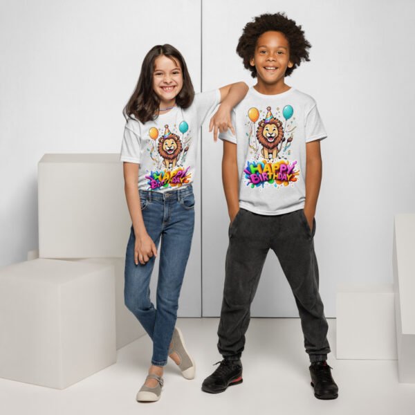 Cute Cartoon Lion Kids Birthday T-Shirt  Boys & Girls Party Tee Fun Animal Design with Balloons & Confetti Tee - Image 10