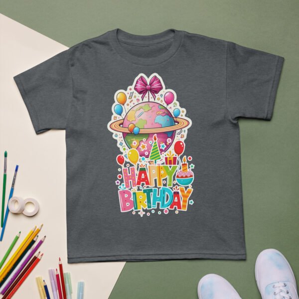 Whimsical Happy Boys & Girls Birthday T-Shirt Fun Globe & Balloons Design Perfect Party Gift for Kids Tee - Image 4