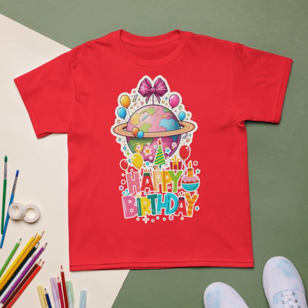 Whimsical Happy Boys & Girls Birthday T-Shirt Fun Globe & Balloons Design Perfect Party Gift for Kids Tee - Image 5