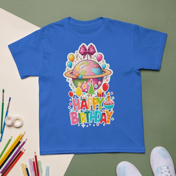 Whimsical Happy Boys & Girls Birthday T-Shirt Fun Globe & Balloons Design Perfect Party Gift for Kids Tee - Image 6